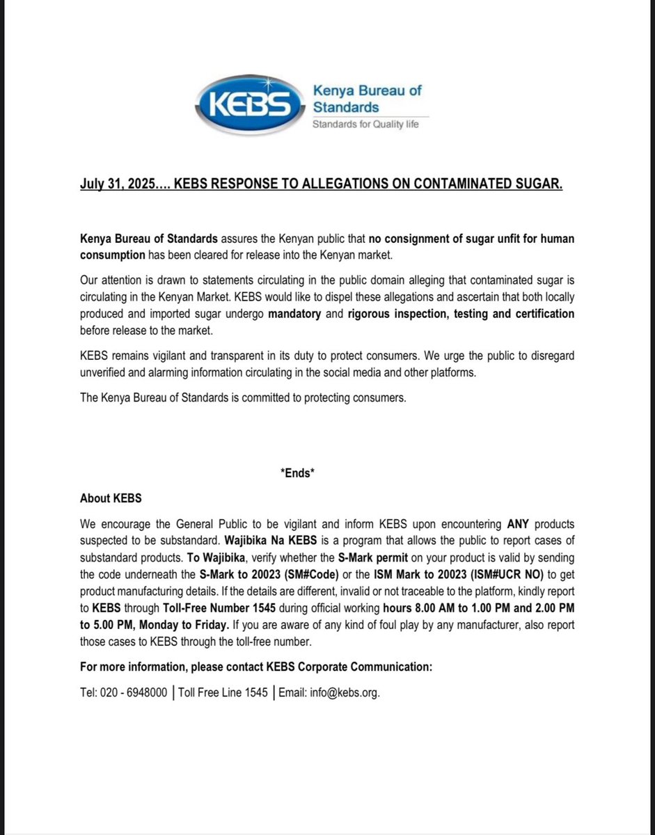 KEBS_ke's tweet photo. KEBS response regarding the allegations on contaminated Sugar. ^FMA https://t.co/ioefYByXIj
