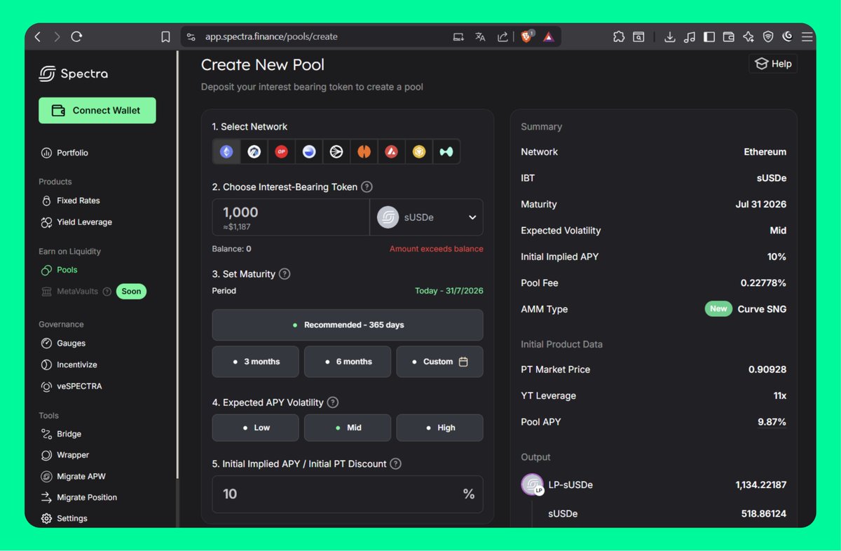 Creating a new pool is super easy — and many users would love to see sUSDe on <a href="/spectra_finance/">Spectra</a>

<a href="/ethena_labs/">Ethena Labs</a>, now's the time to launch a pool → app.spectra.finance/pools/create