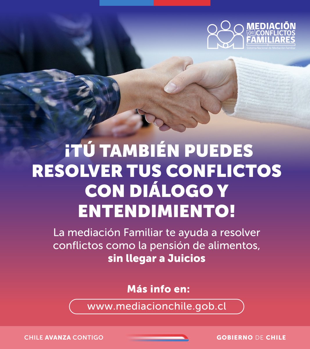 ¿Sabías que puedes resolver conflictos familiares sin llegar a juicio? 🤔

La Mediación Familiar te ofrece:
➡️ Acuerdos legales de manera rápida y amigable.
➡️ Soluciones para materias como pensión de alimentos, visitas y cuidado personal.

✨ Una forma efectiva de construir