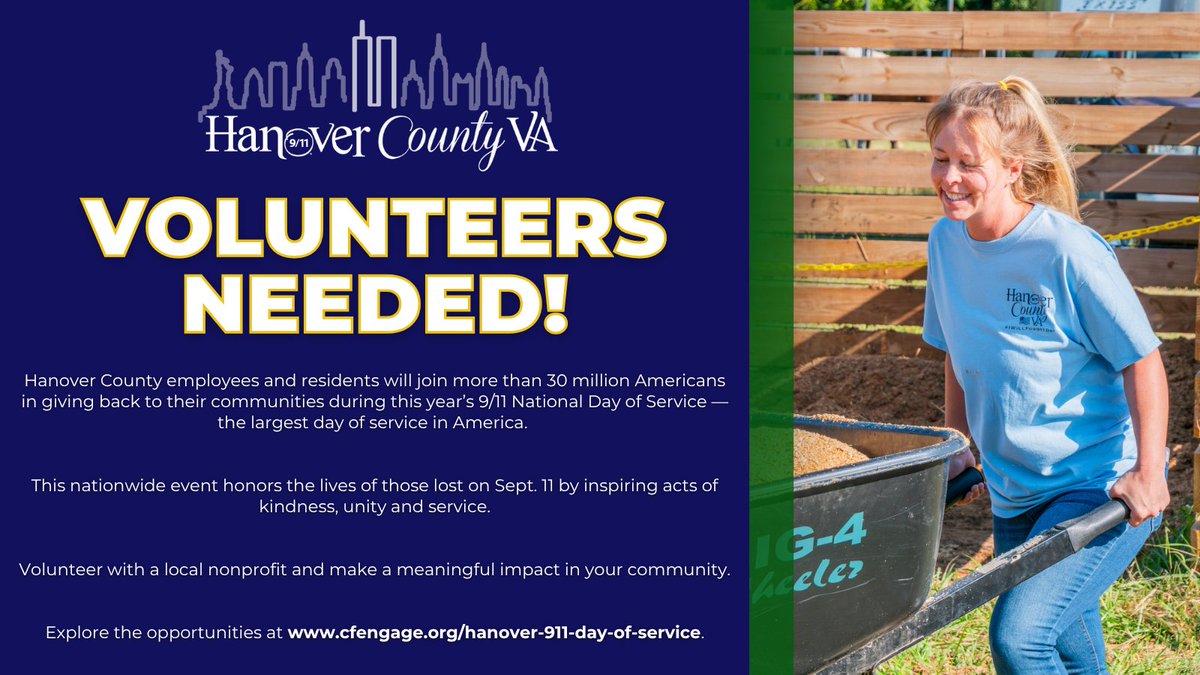 Hanover County employees and residents will join over 30 million Americans for the 9/11 National Day of Service — the largest day of service in the U.S.

Explore volunteer opportunities at cfengage.org/hanover-911-da….

#HanoverVA
