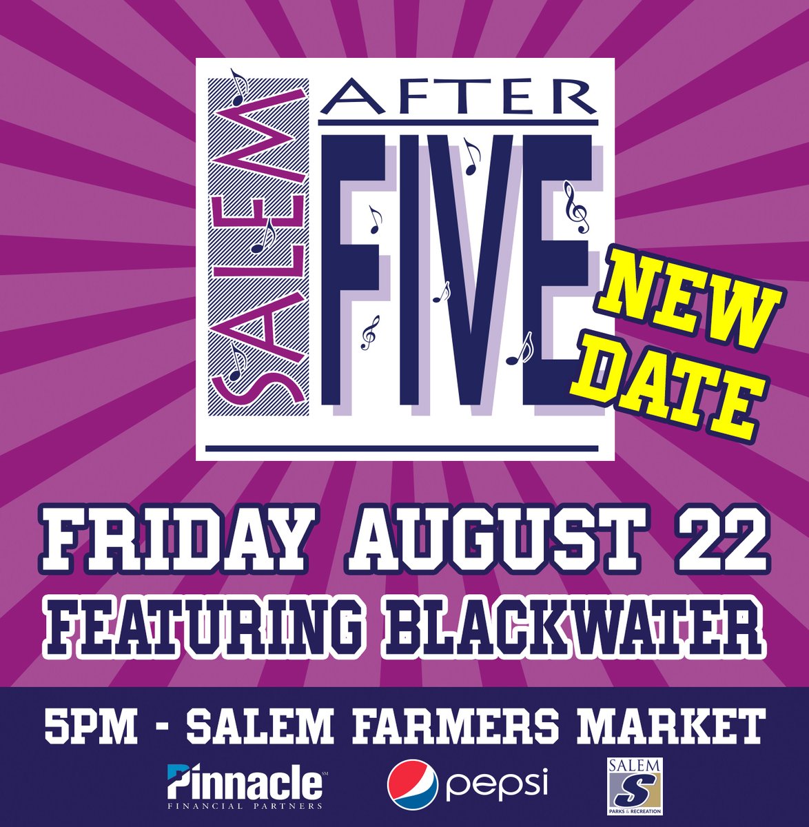 The final Salem After Five of 2025, scheduled for tonight, has been rescheduled for Friday, August 22. "Blackwater" will still be the featured band. Showers and storms are in the forecast for tonight and we do not want to put a damper on the final event of the season. #SalemVA