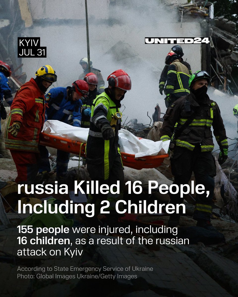 Search and rescue operations in Kyiv are still ongoing after the russian attack. As a result of the overnight strike on the capital, 16 people were killed, including 2 children. 155 were injured — among them, 16 children. Help prevent future Ukrainian casualties.