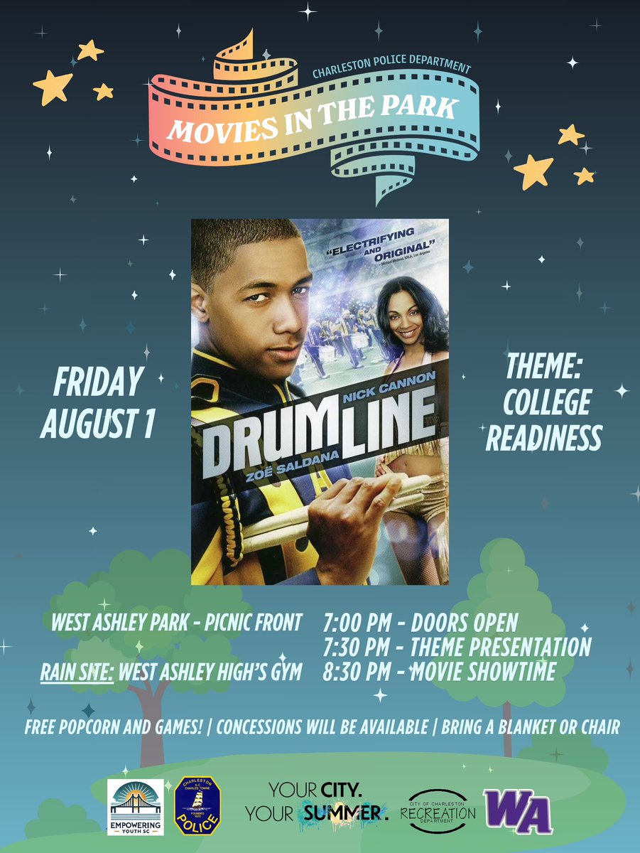 We’re excited to host the final Movie in the Park: Summer Series this Friday, August 1!

🎥 Now Showing: Drumline
🎓 Theme: College Readiness
📍 Due to forecasted rain, we’ll likely be at West Ashley High School Auxiliary Gym
🕖 Doors open at 7:00 PM
🗣️ Presentation begins around
