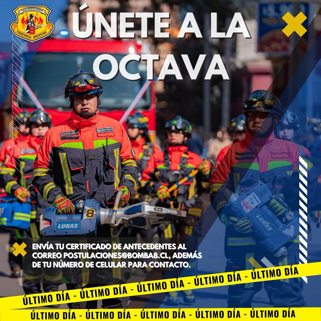 🚨 ¡ÚLTIMO DÍA PARA POSTULAR A LA OCTAVA!

Requisitos:
▪️18 años cumplidos
▪️Nacionalidad Chilena
▪️Extranjeros con residencia definitiva
▪️Antecedentes penales intachables

Inscríbete 🎱🏴‍☠️

#Antofagasta #bomberos