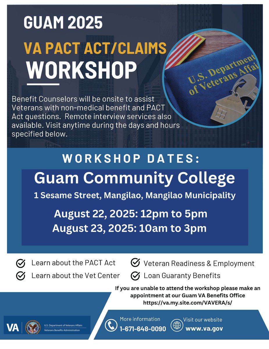 We’re bringing VA benefits support to Guam! 🇺🇸 Join us at Guam Community College Aug 22–23 to get help with claims, the PACT Act, and more. Walk in anytime—our team is here for you.

Mangilao, Guam
1-671-648-0090

 va.my.site.com/VAVERA/s/