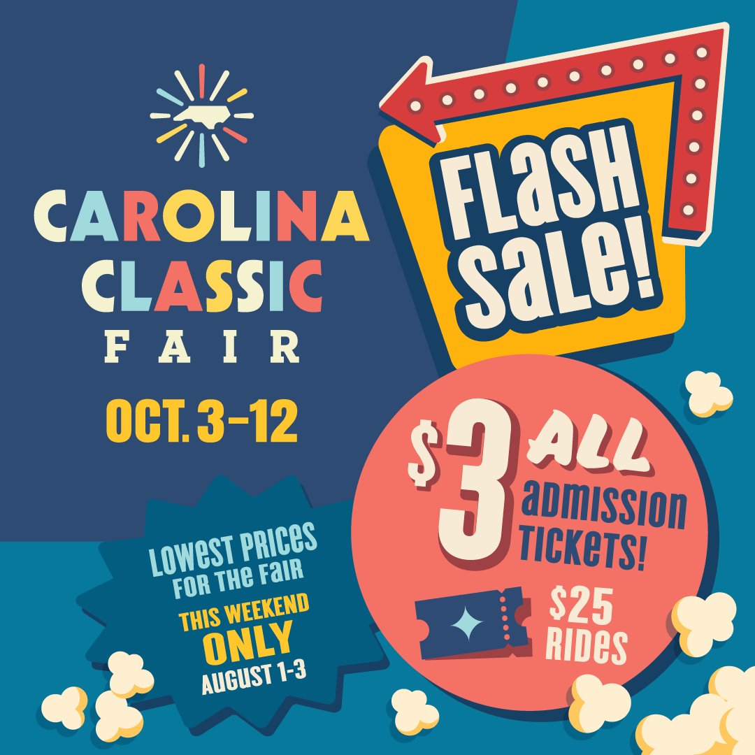 The Carolina Classic Fair is offering advance tickets this Friday, August 1 at 10 a.m. to Sunday, August 3 at midnight, through an exclusive online only flash sale. The Fair will take place in Winston-Salem from October 3–12.
All admission tickets will be $3 (regular price $10),