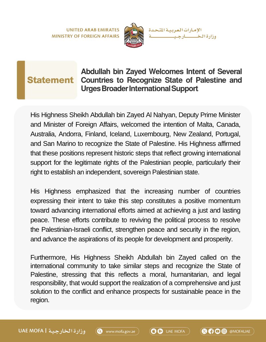Abdullah bin Zayed Welcomes Intent of Several Countries to Recognize State of Palestine and Urges Broader International Support

mofa.gov.ae/en/mediahub/ne…