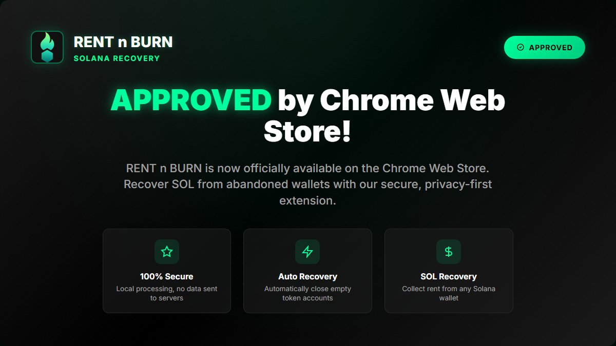 RENTnBURN's tweet image. We&apos;re excited to announce that our Solana wallet recovery extension has been officially approved and is now available for download.  

100% Secure - Local processing, zero data transmission
Auto Recovery - Automatically close empty token accounts 
SOL Recovery - Collect rent from…