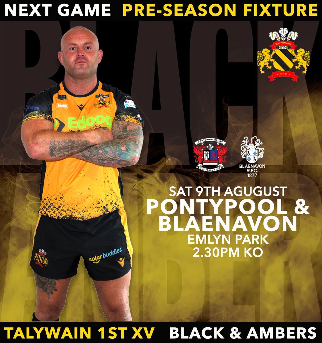 Talywain_RFC's tweet image. Not long now until a return to rugby on Emlyn Park! A week Saturday our pre-season opener sees a great day of local derbies where each team will play 40mins against each other 🖤💛