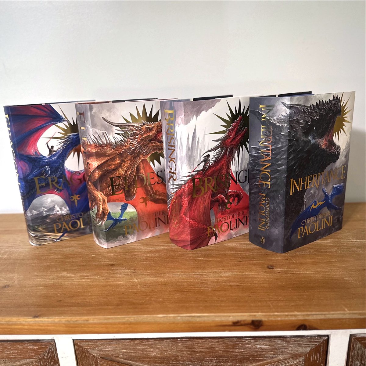 ‘The Inheritance Cycle’ by @christopher_paolini featuring the new dust jackets by @thebrokennbinding 🙌🏼 an absolute home run!