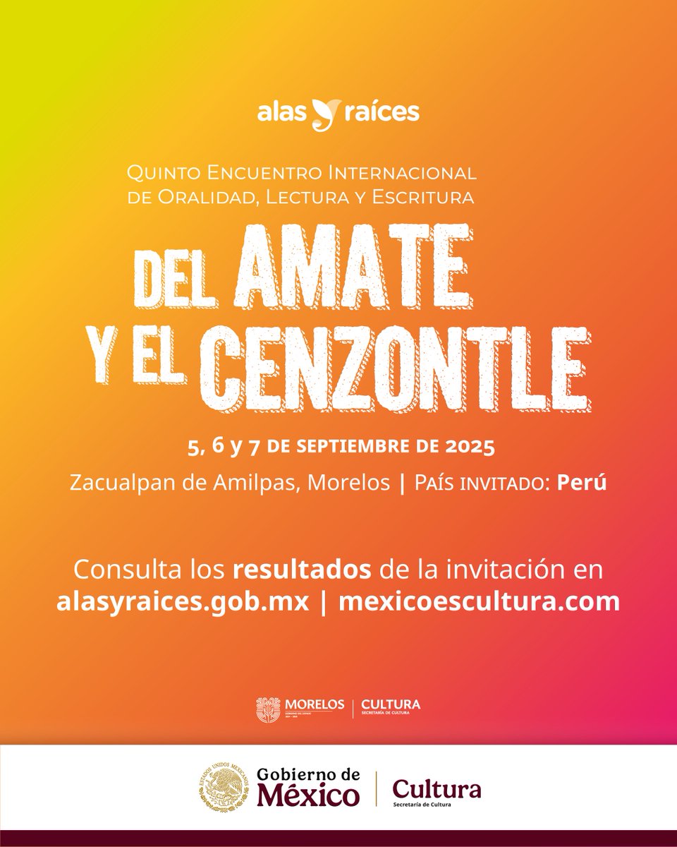 🗣️ ¡Buenas noticias! Ya puedes consultar los resultados del Quinto Encuentro Internacional de Oralidad, Lectura y Escritura Del Amate y el Cenzontle 2025 📖✨

👉 alasyraices.gob.mx/resul-amate-20…
#Oralidad #Lectura #Escritura #DelAmateYElCenzontle #AlasyRaíces 🌿🕊️