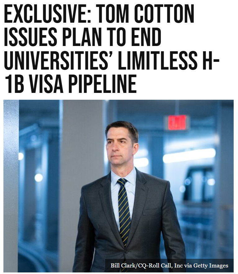 Breitbart News (@breitbartnews) on Twitter photo Exclusive: <a href="/SenTomCotton/">Tom Cotton</a> is introducing legislation that would end colleges and universities’ unlimited pipeline of foreign H-1B visa workers whom they can import instead of hiring qualified Americans. Exclusive: <a href="/SenTomCotton/">Tom Cotton</a> is introducing legislation that would end colleges and universities’ unlimited pipeline of foreign H-1B visa workers whom they can import instead of hiring qualified Americans.