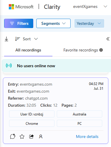 Ash Rahman 🎮 (@ashrahman_) on Twitter photo this is interesting.
people are discovering <a href="/eventxgames/">eventXgames 🎮 Games for Events</a> through chatgpt.
what caught my attention is that 32 minutes visit duration. this is interesting.
people are discovering <a href="/eventxgames/">eventXgames 🎮 Games for Events</a> through chatgpt.
what caught my attention is that 32 minutes visit duration.