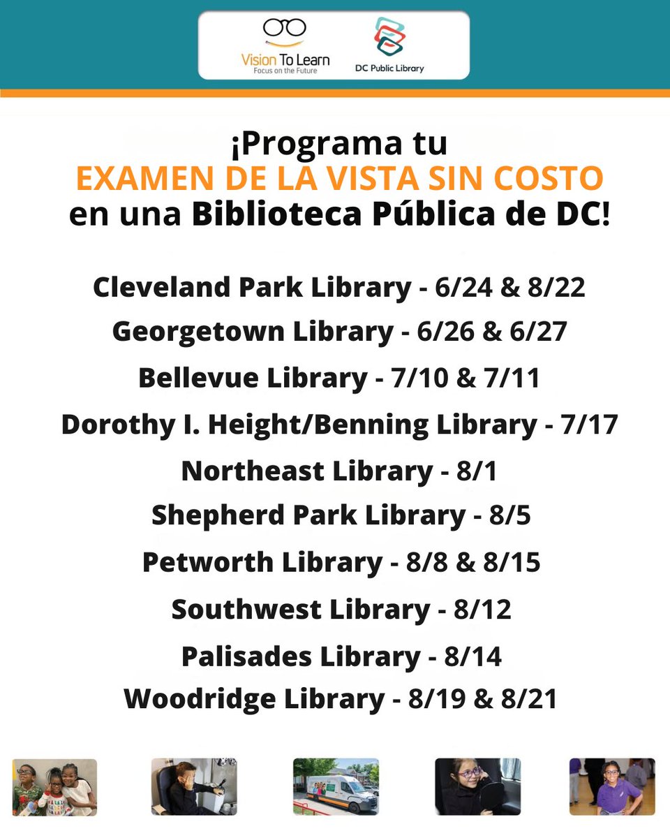 👓 Vision To Learn en las Bibliotecas Públicas de DC

¡Exámenes de la vista y lentes sin costo para estudiantes de Pre-K a 12° grado!

Cada niño merece las herramientas para tener éxito, y eso comienza con una visión clara.

📅 Regístrate aquí: bit.ly/4lhWoXP