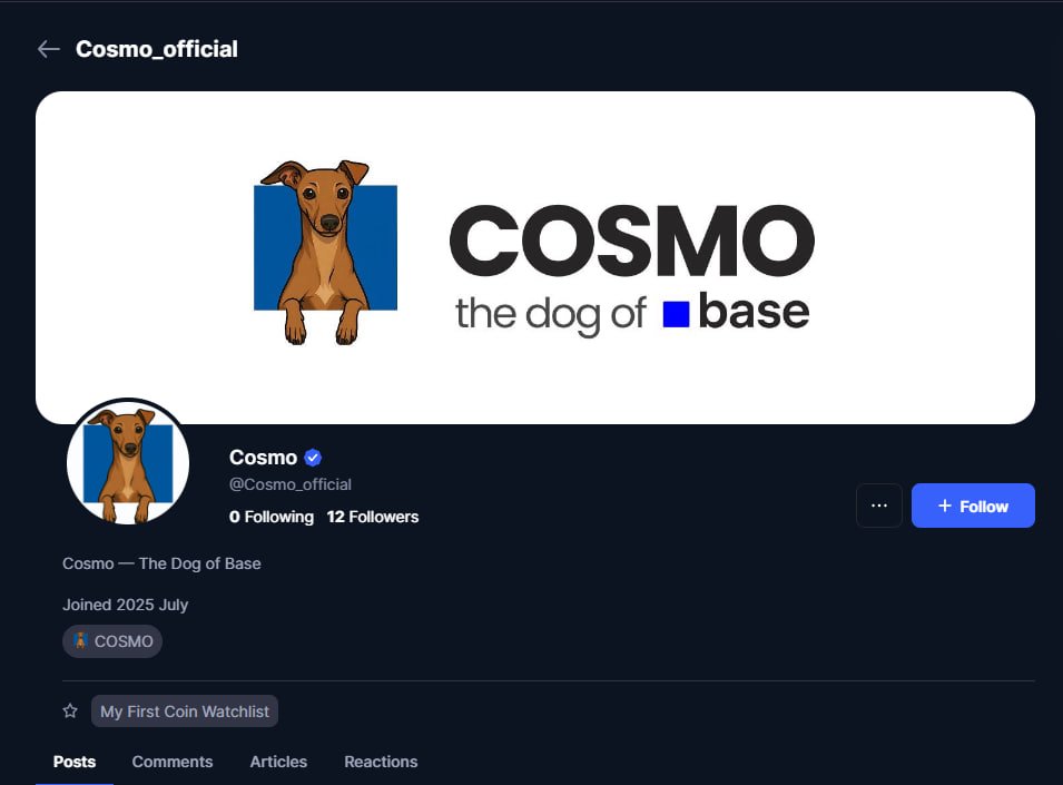CosmoTheBaseDog's tweet image. We’ve secured and officially verified our @CoinMarketCap profile.

This further legitimizes $cosmo as the dog of
@base and marks another step toward a stronger and more unified presence.

Our community profile is now linked to our token page, which you can view here:…