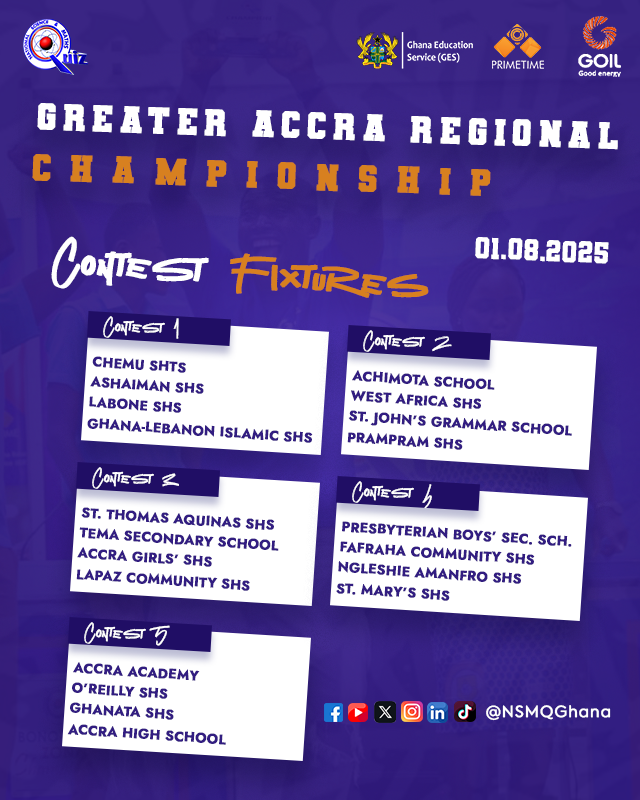 NSMQGhana's tweet photo. GREATER ACCRA REGIONAL CHAMPIONSHIP:

Another banger!💥

The Greater Accra Regional Championship starts tomorrow!

Share your predictions in the comments...🤗

@GOIL_Official 

#NSMQ2025 #Primetime https://t.co/HzhOsp2dfp