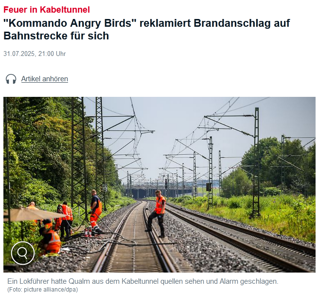 Na, wer hätte das gedacht - Der Brandanschlag auf die Bahnstrecke bei Düsseldorf geht auf das Konto von Linksextremisten, inklusive Bekennerschreiben auf "Indymedia". War irgendwie klar, oder?
Wenn sie schlau sind, haben sie noch ein Hakenkreuz gemalt, damit es als "Straftat