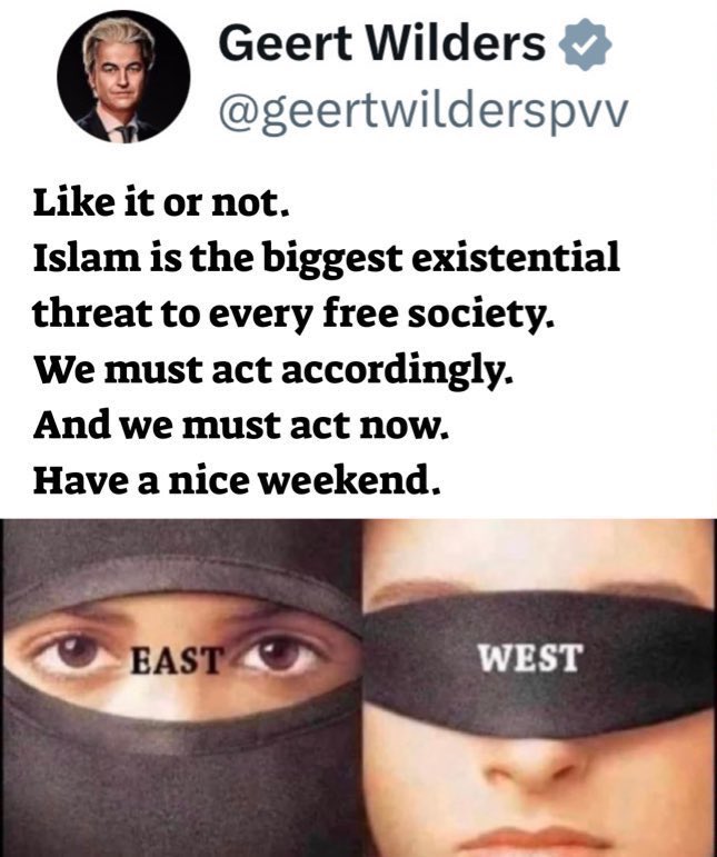 Do you agree with Geert Wilders? Yes or No? 
—
Instead of demanding Hamas release the hostages and lay down its arms, Western media and politicians mobilized to protect their real agenda: mass Islamic immigration and the sacred narrative that Islam is a “religion of peace.”