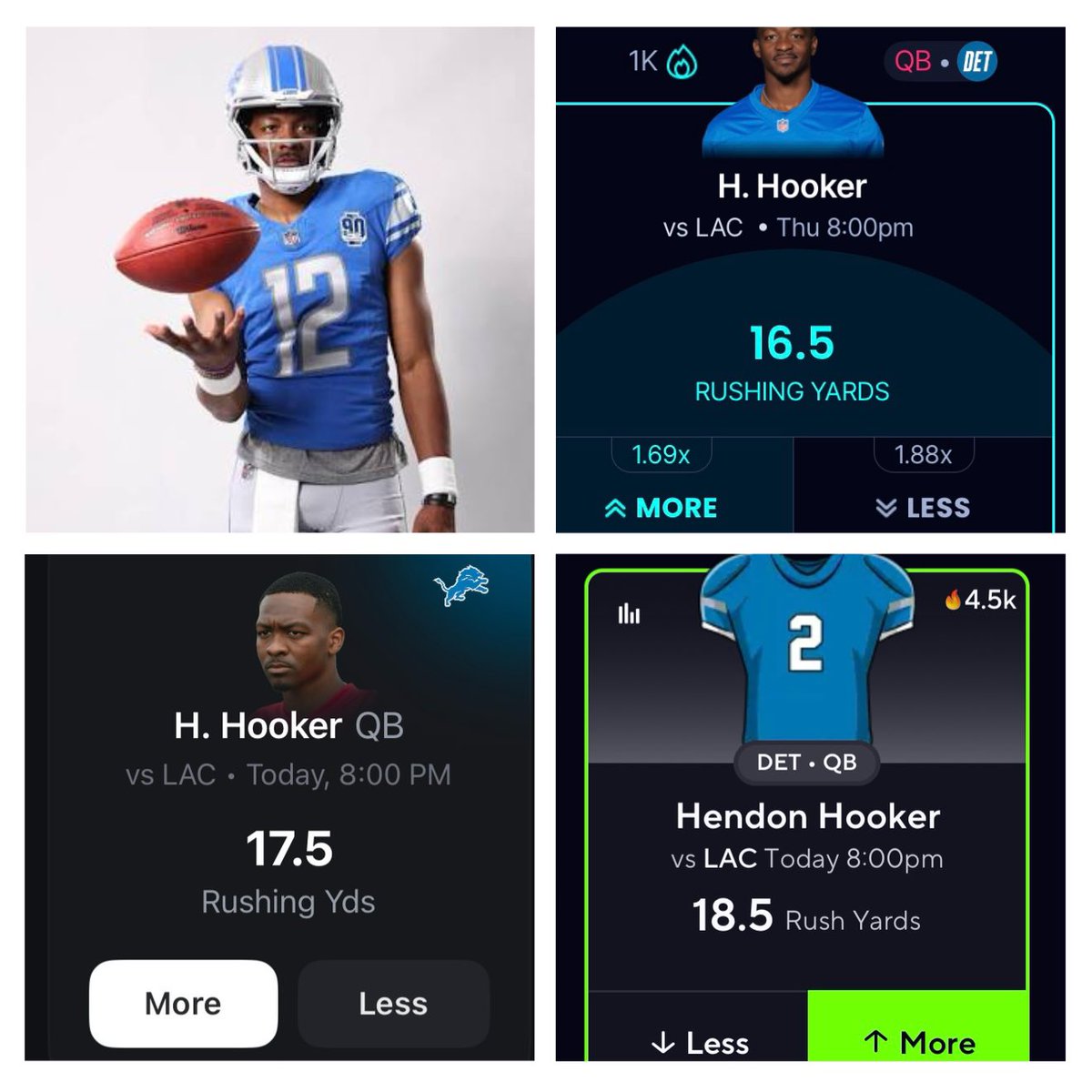 💛Hall of Fame Game💛 DFS Prop🏈

Hendon Hooker (Det) ⬆️ 18.5 Rush Yards

Available at: <a href="/PrizePicks/">PrizePicks</a> <a href="/SleeperHQ/">Sleeper</a> <a href="/betr/">betr</a> 

I can only find this on DFS, if you can find it I think it’s worth a play. Not an official play due to scarcity

Hooker is fighting for the #2 job, will start,