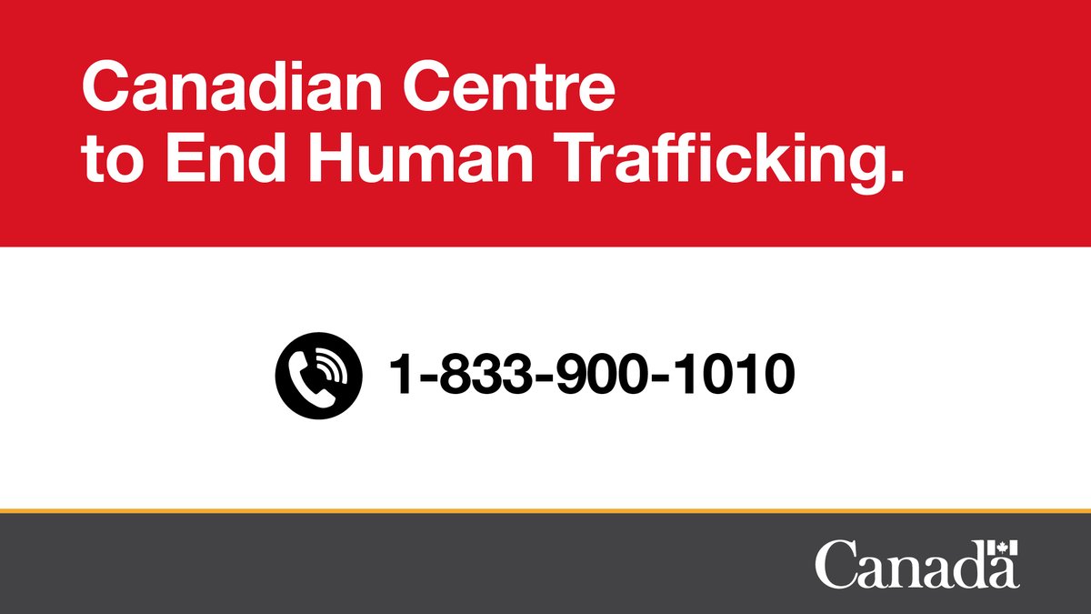 The Canadian Human Trafficking Hotline is confidential, safe, and always available. If you are a victim of #HumanTrafficking or think someone might be, call the Hotline at 1-833-900-1010. publicsafety.gc.ca/cnt/cntrng-crm… #KnowTheSigns