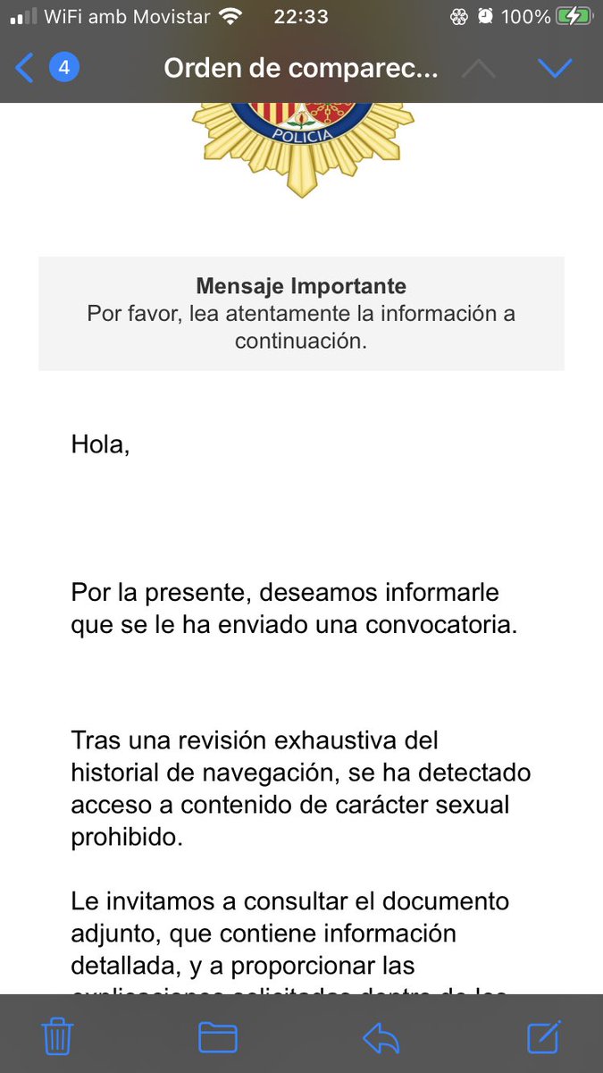 M’ha arribatun email de Cuerpo de policía nacional on diu que tengo historial de navegación en páginas de carácter sexual prohibido
Obviamente no he  navegat a Cap pág d’aquestes,. Hi ha un enllaç al final 
NO OBRIU AQUESTA  MERDA.
<a href="/mossos/">Mossos</a> <a href="/policia/">Policía Nacional</a>