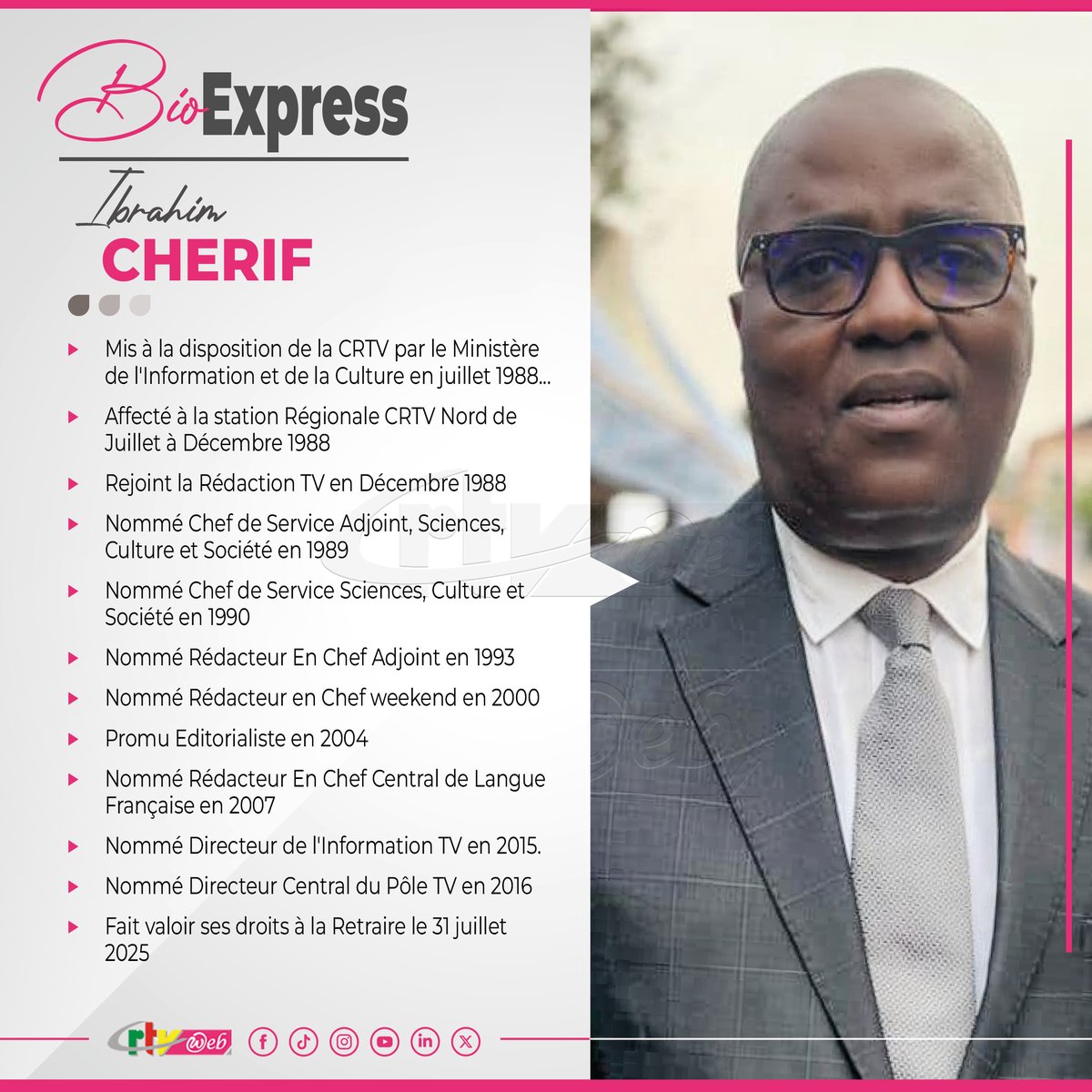 Un journaliste, un éditorialiste, un présentateur, un manager, un formateur, un homme de foi, un professionnel, un érudit... Un visage, une voix, une carrière, et...un monument du monde des médias.

Merci 𝐈𝐛𝐫𝐚𝐡𝐢𝐦 𝐂𝐡𝐞́𝐫𝐢𝐟 ! #CRTV #CRTVweb