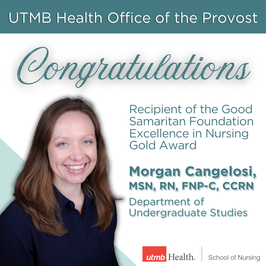 UTMB Provost's Office (@utmbprovost) on Twitter photo We join our <a href="/utmbson/">UTMB School of Nursing</a> in celebrating the selection of Morgan Cangelosi, Asst. Professor of Undergraduate Studies, for the Excellence in Nursing Gold Award! The Good Samaritan Foundation of Texas bestows the award upon nurses who lead with compassion, skill, and service. Congrats! We join our <a href="/utmbson/">UTMB School of Nursing</a> in celebrating the selection of Morgan Cangelosi, Asst. Professor of Undergraduate Studies, for the Excellence in Nursing Gold Award! The Good Samaritan Foundation of Texas bestows the award upon nurses who lead with compassion, skill, and service. Congrats!