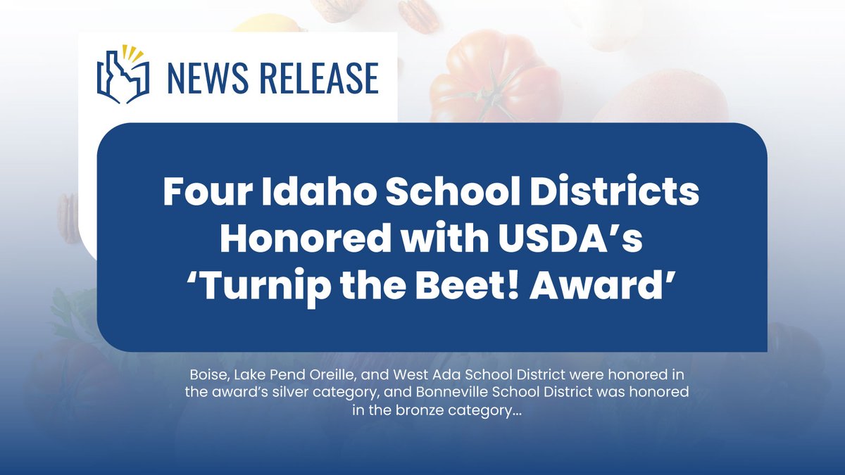 Idaho Department of Education (@iddeptofed) on Twitter photo **NEWS RELEASE**
Four Idaho school districts honored with USDA’s 'Turnip the Beet! Award'. 
The award recognizes Summer Food Service Program (SFSP) sponsors that go above and beyond to serve high-quality meals to children while school is out.
đź”— sde.idaho.gov/communications/ **NEWS RELEASE**
Four Idaho school districts honored with USDA’s 'Turnip the Beet! Award'. 
The award recognizes Summer Food Service Program (SFSP) sponsors that go above and beyond to serve high-quality meals to children while school is out.
đź”— sde.idaho.gov/communications/