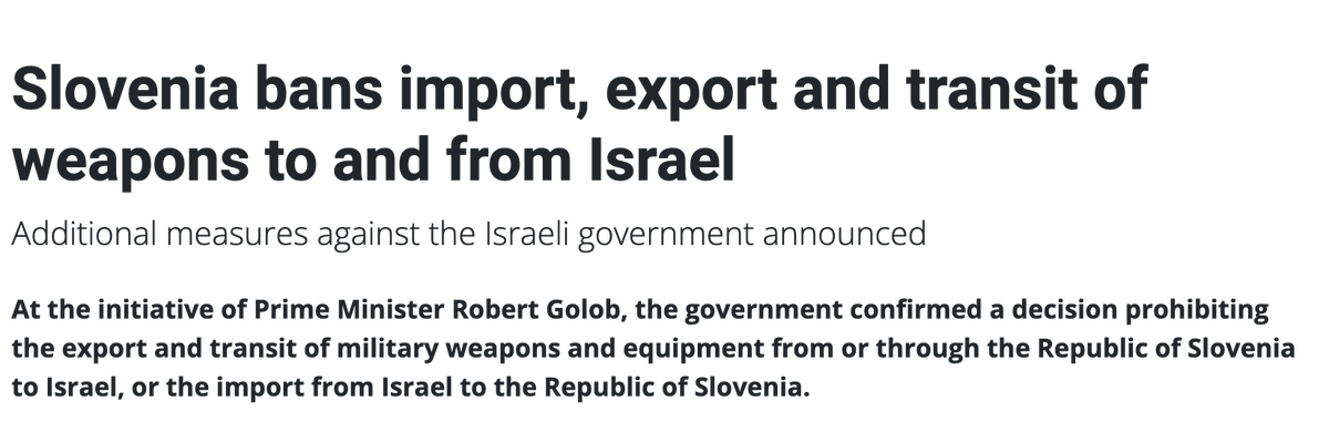 AdHaque110's tweet photo. Slovenia bans import, export and transit of weapons to and from Israel

"In such circumstances, it is the duty of every responsible state to take action, even if it means taking a step ahead of others" 🇸🇮 https://t.co/HFI9sb9QjJ