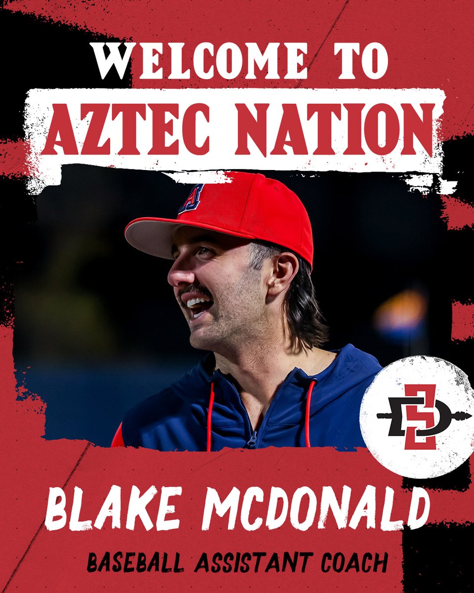 San Diego State Baseball (@aztecbaseball) on Twitter photo Excited for our latest staff addition <a href="/BlakeMcDonald10/">Blake McDonald</a>, who joins the Scarlet and Black as an assistant coach. Welcome on board, Blake! #GoAztecs
📰 Story: tinyurl.com/2hfjr654 Excited for our latest staff addition <a href="/BlakeMcDonald10/">Blake McDonald</a>, who joins the Scarlet and Black as an assistant coach. Welcome on board, Blake! #GoAztecs
📰 Story: tinyurl.com/2hfjr654