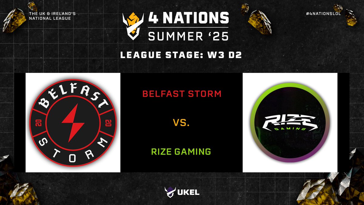 UKEL presents: 4 Nations (@theukel) on Twitter photo <a href="/Belfaststorm/">Belfast Storm</a> <a href="/GoodChiGG/">Good Chi</a> <a href="/5iq_gaming/">Int Quick</a> <a href="/TheBandits_/">The Bandits</a> <a href="/PARAGONPRG/">PARAGON</a> <a href="/ABSOLVEDGG/">ABSOLVED</a> <a href="/BrodnFriends/">Brod & Friends</a> <a href="/_BulldogEsports/">Bulldog Esports</a> <a href="/RIZELeague/">RIZE League</a> <a href="/VNC_Esports/">Venomcrest</a> 5โฃ GAME 5 5โฃ
Our last game of the night..
Can <a href="/Belfaststorm/">Belfast Storm</a> stay at the top or will <a href="/RIZELeague/">RIZE League</a> shatter those dreams?
Our last game kicks off @ 21:30 โฐ
Host โ๏ธ
<a href="/Orbital_Casting/">Daniel โOrbitalโ Le</a>
Analysts ๐
<a href="/Sovonix/">Adrian Lee</a> & <a href="/MiddlecottIsMe/">Middlecott</a>
Casters ๐๏ธ
<a href="/JrealCasts/">Jreal</a> & <a href="/RLoweth/">Rob</a>
Coverage ๐บ
1โฃ <a href="/Belfaststorm/">Belfast Storm</a> <a href="/GoodChiGG/">Good Chi</a> <a href="/5iq_gaming/">Int Quick</a> <a href="/TheBandits_/">The Bandits</a> <a href="/PARAGONPRG/">PARAGON</a> <a href="/ABSOLVEDGG/">ABSOLVED</a> <a href="/BrodnFriends/">Brod & Friends</a> <a href="/_BulldogEsports/">Bulldog Esports</a> <a href="/RIZELeague/">RIZE League</a> <a href="/VNC_Esports/">Venomcrest</a> 5โฃ GAME 5 5โฃ
Our last game of the night..
Can <a href="/Belfaststorm/">Belfast Storm</a> stay at the top or will <a href="/RIZELeague/">RIZE League</a> shatter those dreams?
Our last game kicks off @ 21:30 โฐ
Host โ๏ธ
<a href="/Orbital_Casting/">Daniel โOrbitalโ Le</a>
Analysts ๐
<a href="/Sovonix/">Adrian Lee</a> & <a href="/MiddlecottIsMe/">Middlecott</a>
Casters ๐๏ธ
<a href="/JrealCasts/">Jreal</a> & <a href="/RLoweth/">Rob</a>
Coverage ๐บ
1โฃ