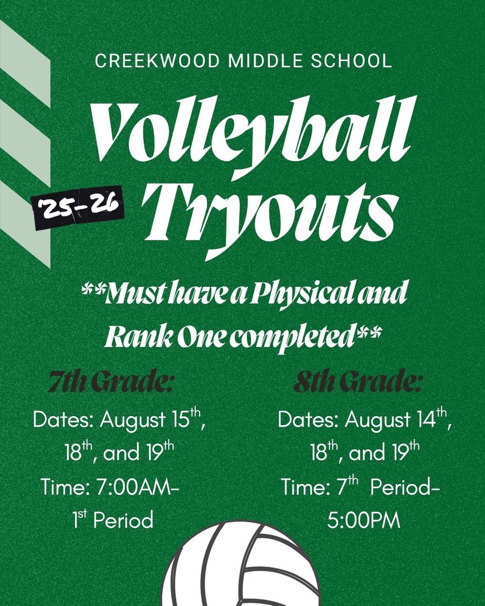 CMSLadyColt_Ath's tweet image. Volleyball tryouts are coming up! 7th grade will be August 15th,18th,and 19th. 8th grade will be August 14th, 18th, and 19th. Make sure you have your physical and RankOne completed!