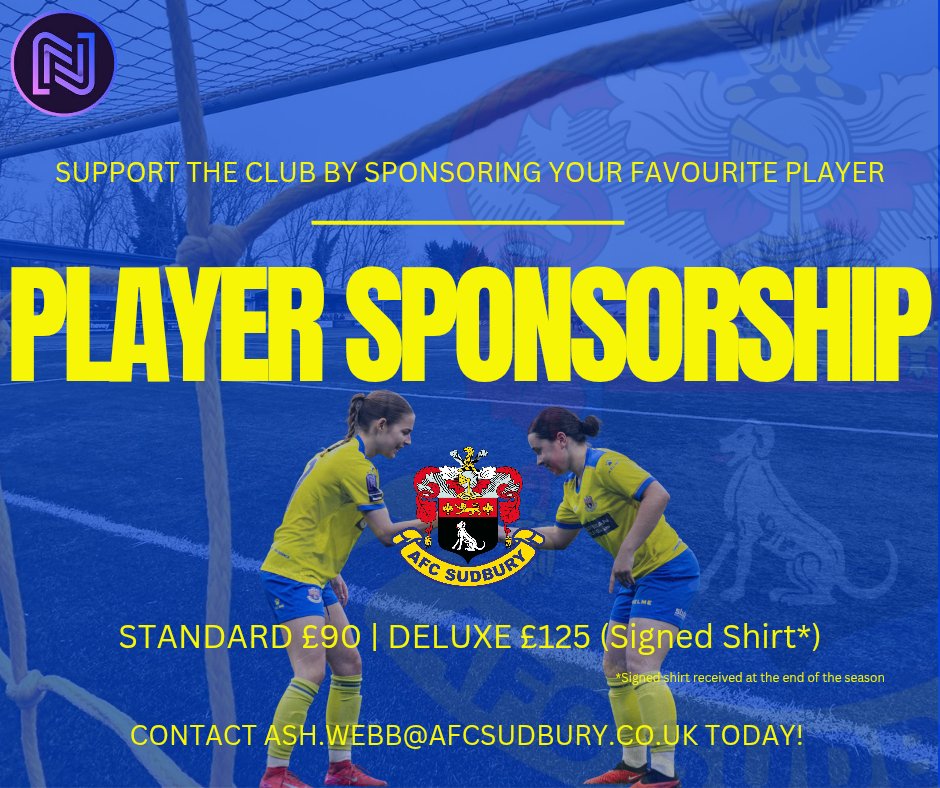 Player sponsorships are flying out thick and fast! 

We also have both Management teams available for Mens and women's first teams. 💛💙

Contact Ash.webb@afcsudbury.co.uk to secure your sponsorship 💛💙