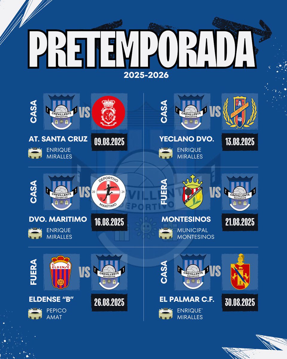 📅 ¡Ya tenemos calendario de pretemporada!
Seis partidos para prepararnos a fondo antes del inicio liguero 💪

🏠 Enrique Miralles
📍 Pepico Amat
🚍 Montesinos
🆚 Rivales exigentes

Del 9 al 30 de agosto… ¡nos ponemos a tono! 🔥