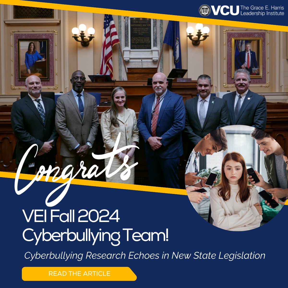 Cyberbullying protections get a boost  — and VEI leaders helped shine a light forward! 

Congratulations to the VEI Fall 2024 group whose research on “The Role of Artificial Intelligence in Cyberbullying” tackled the critical issue head-on.

Full article: gehli.vcu.edu/news/news-post…