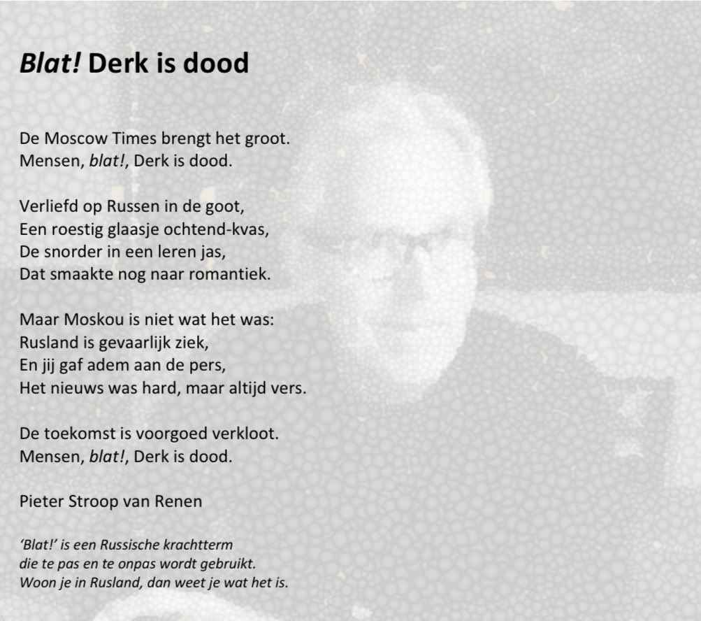 Blat! Derk is dood. Een stevige Russische krachtterm bij de dood van een journalistiek wondermens en een voorvechter van de vrije pers is op zijn plaats. Klote. #derksauer <a href="/PjotrSauer/">Pjotr Sauer</a> - zet de legacy voort ❤️