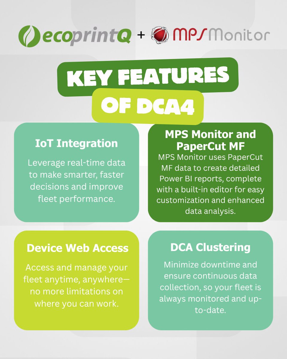 Smarter data. Better decisions. Stronger fleets. MPS Monitor DCA 4 is built to meet the demands of today’s managed print environments with advanced features that drive performance, reduce downtime, and give you full control from anywhere.

Learn more: ecoprintq.com/mps-monitor/