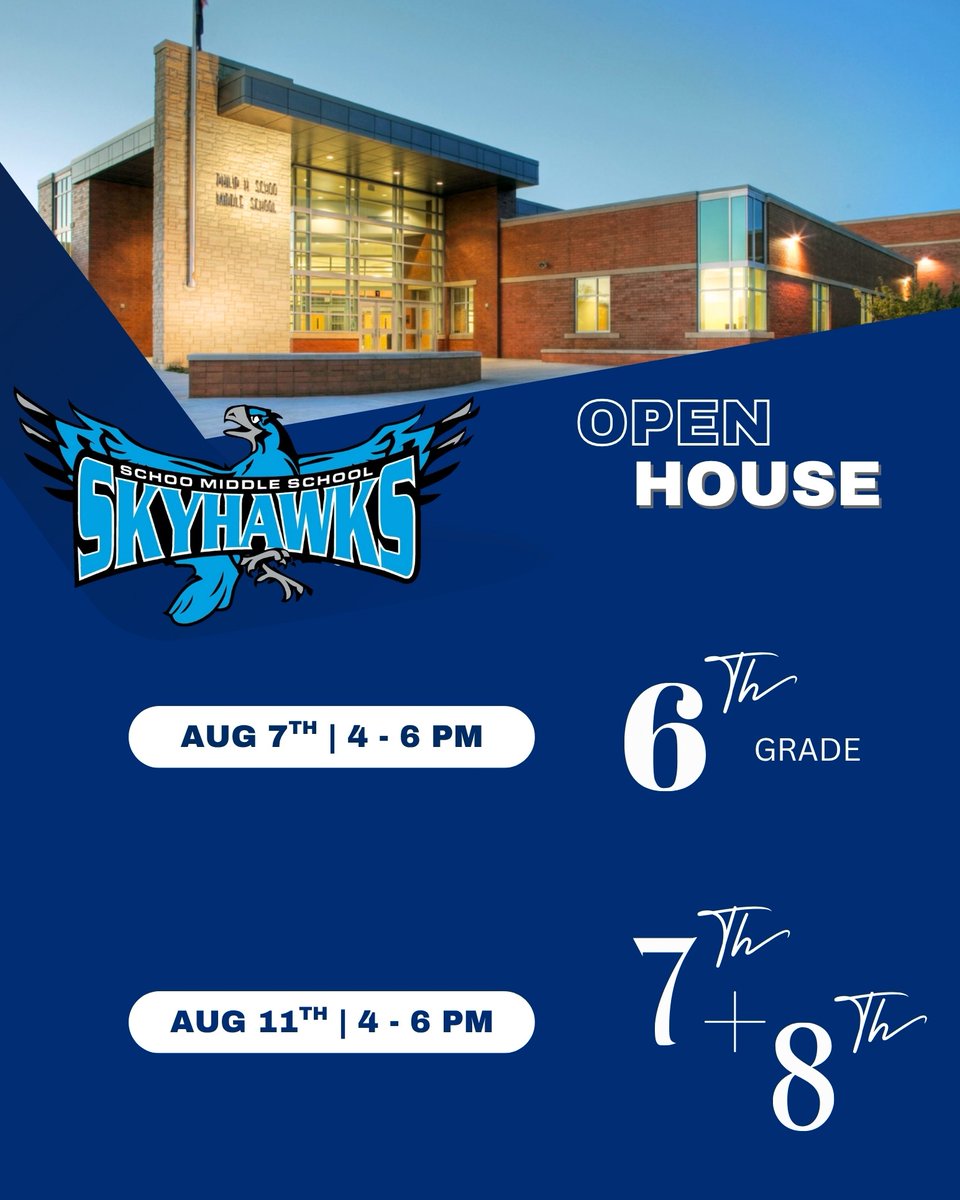 6th Grade Open House will be on Thursday, August 7th.
7th &amp; 8th Grade Open House will be on Monday, August 11th.
Drop in anytime between 4 and 6 PM to meet teachers, explore classrooms, and get ready for the year!