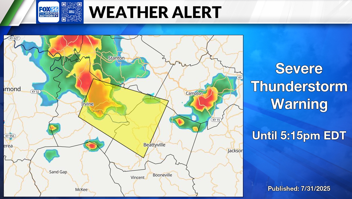 Justin Logan FOX 56 (@jloganwxguy) on Twitter photo ALERT: Severe Thunderstorm Warning for Estill, Lee, Powell and Wolfe County until 5:15pm EDT. fox56news.com/weatheralerts #KYWX ALERT: Severe Thunderstorm Warning for Estill, Lee, Powell and Wolfe County until 5:15pm EDT. fox56news.com/weatheralerts #KYWX