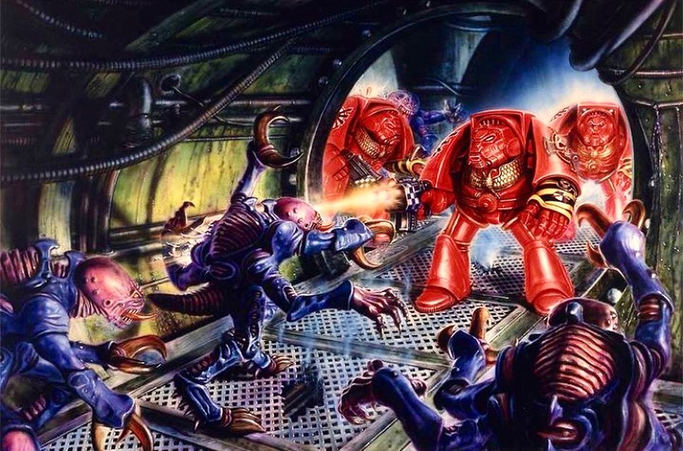 Space hulk! This fantastic piece was by one of my fave Warhammer 40k artists, Gerry Grace. I love the colours of the bright blood angels against the dank green hallways. Wonderful.
.
#oldhammer #art #warhammercommunity #warhammer #warhammer40k #40k