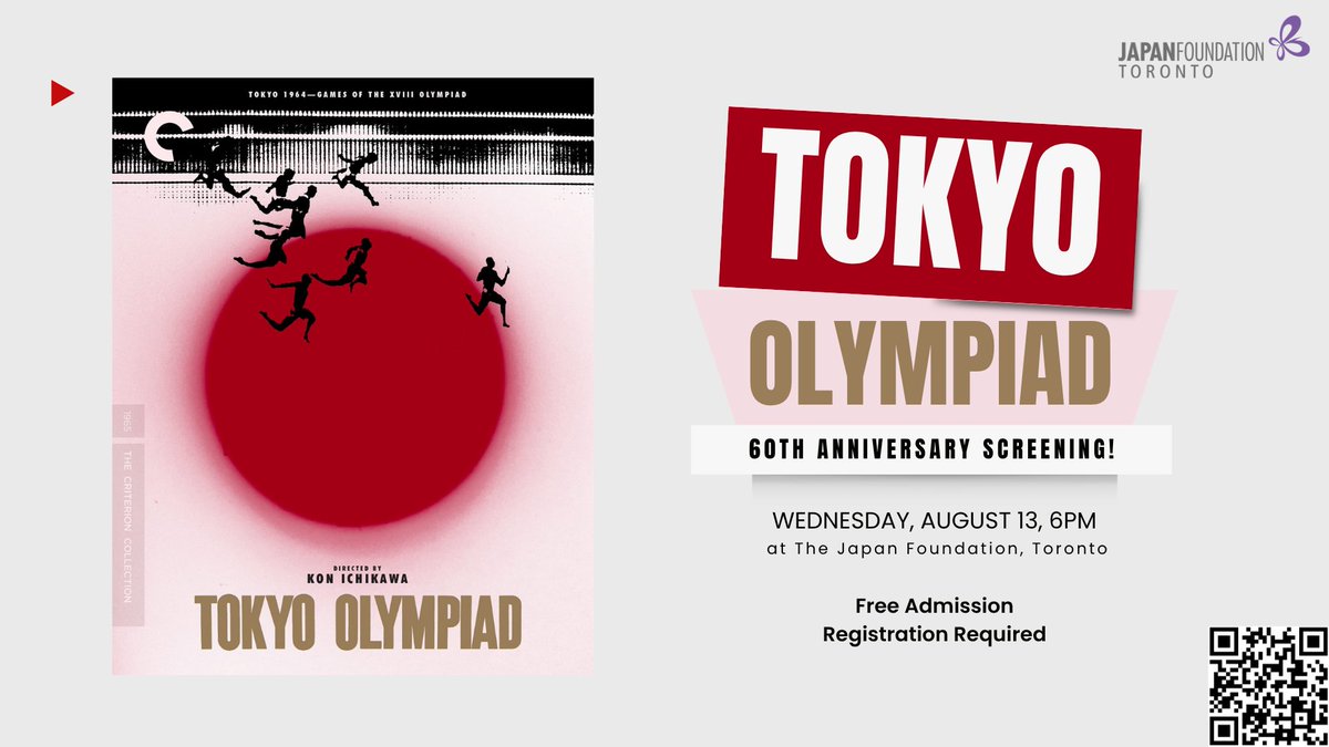 JFToronto's tweet image. 🎞 TOKYO OLYMPIAD (1965)
60th anniversary screening!

ICHIKAWA Kon’s landmark documentary captures the 1964 Tokyo Games — not just the competition, but the poetry of movement &amp;amp; the spirit of “Faster, Higher, Stronger.”

📅 Aug 13, 6PM (ET)
🎟 tr.jpf.go.jp/event/tokyo-ol…