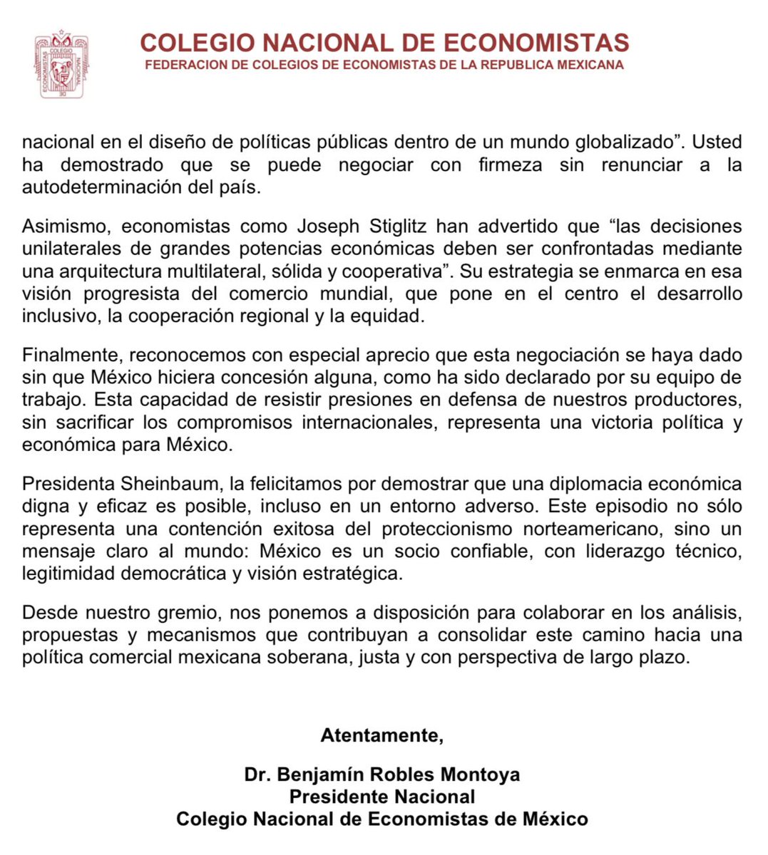🇲🇽✍️ <a href="/BenjaminRoblesM/">Benjamín Robles</a> envía carta a <a href="/Claudiashein/">Claudia Sheinbaum Pardo</a> en nombre del Colegio Nacional de Economistas: Celebra la firmeza de México ante EE.UU. y el acuerdo sin concesiones.