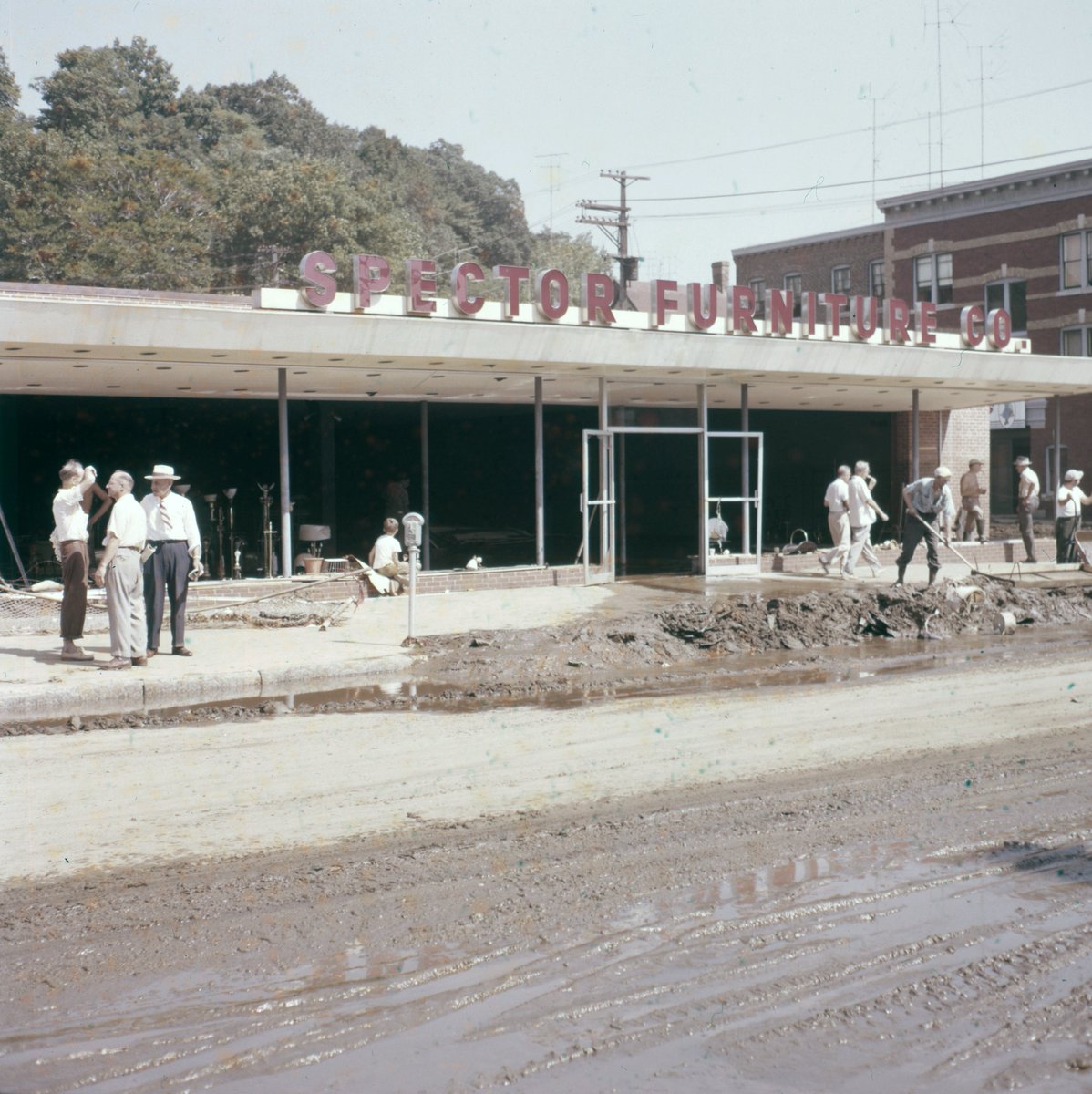 Turnback Tuesday: an image of the aftermath of the Flood of 1955. Spector Furniture on Main Street, Ansonia, suffered complete loss of merchandise as did so many other businesses and homes in the area. Luckily, Spector Furniture survived and is still in the same location today.