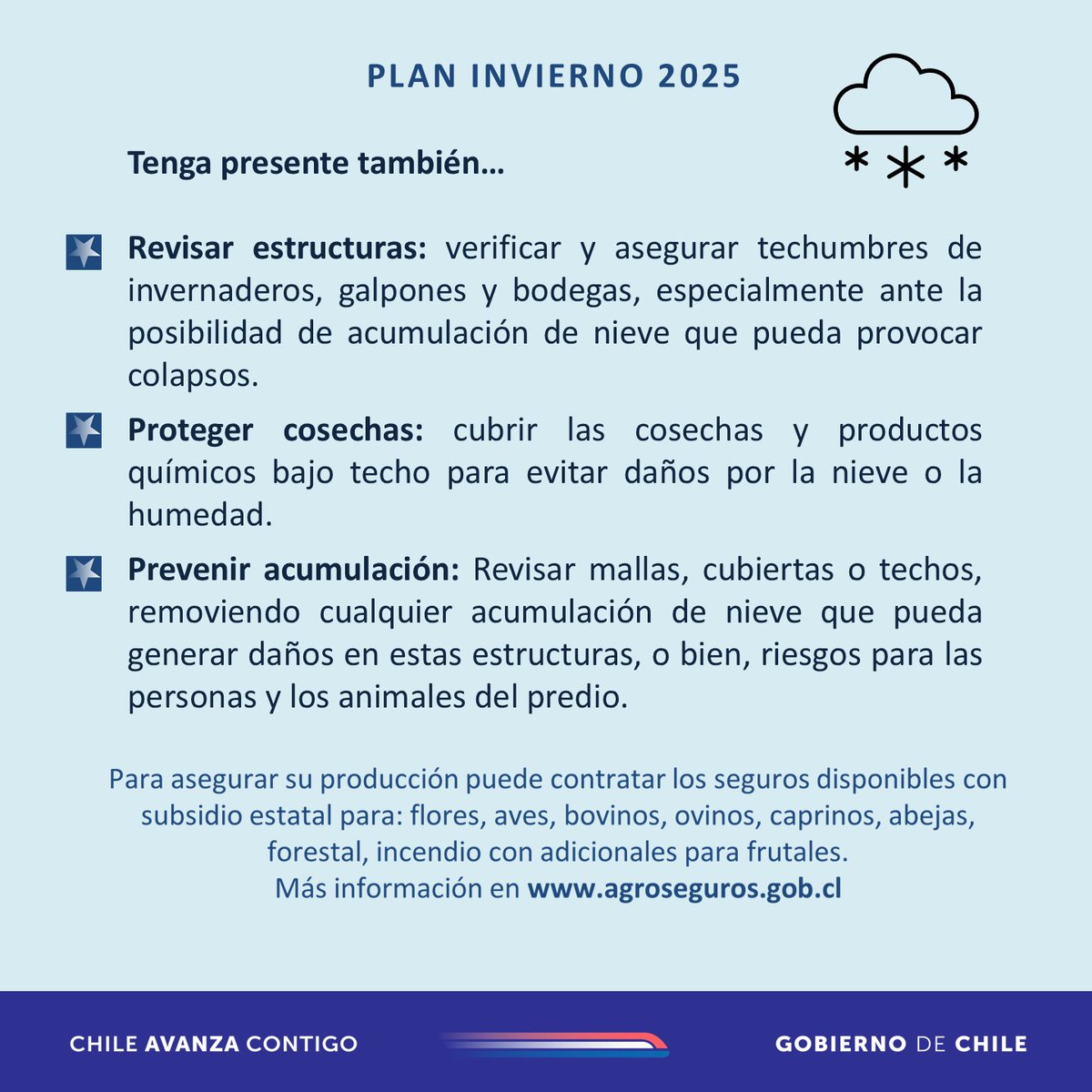Recomendaciones para el agro frente a nevazones
<a href="/Sub_Agricultura/">Subsecretaría de Agricultura</a> <a href="/MinagriCL/">Ministerio de Agricultura de Chile 🇨🇱</a>