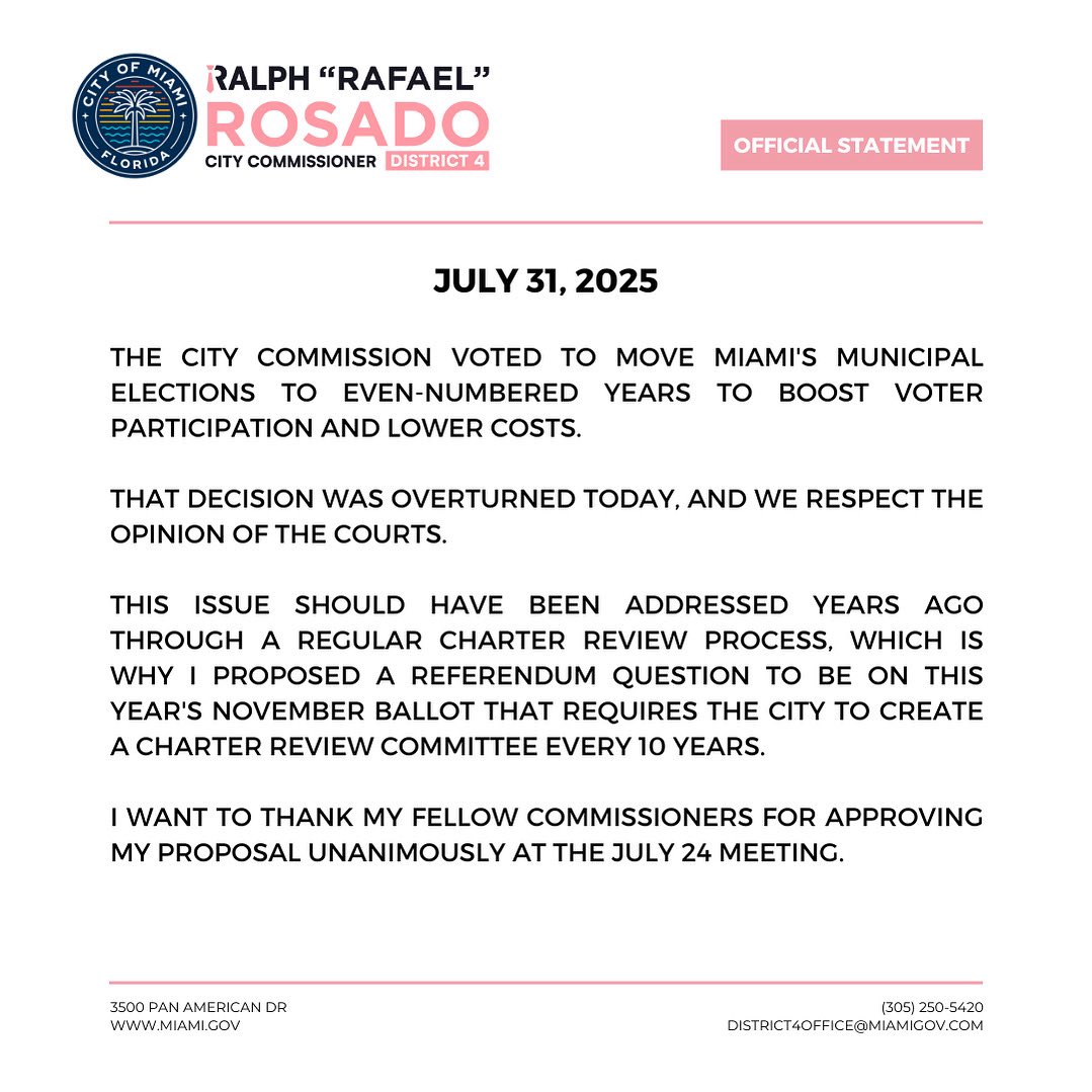 Official Statement from Commissioner Ralph “Rafael” Rosado issued July 31, 2025