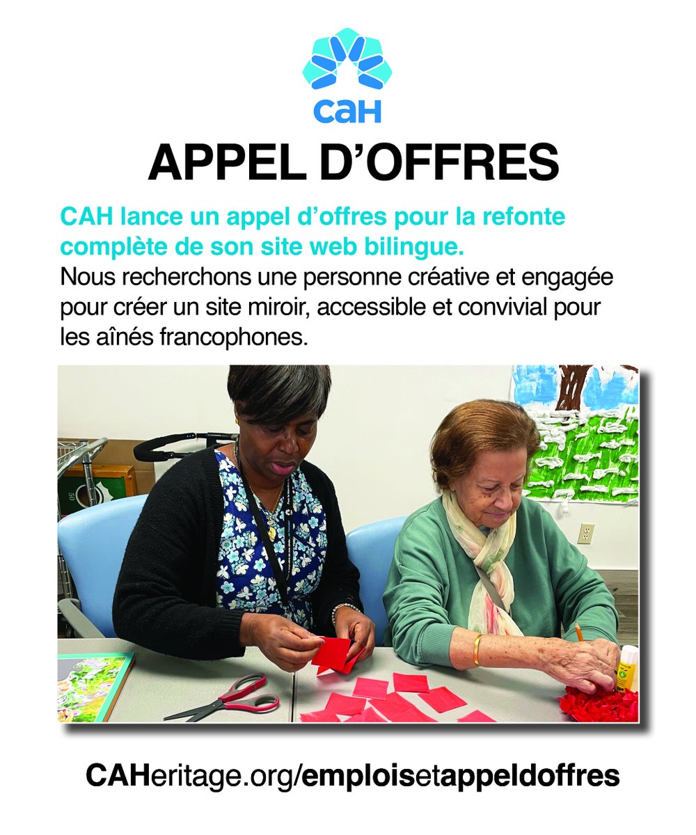 👉 APPEL D'OFFRES - Nouveau site web de CAH 👈
Êtes-vous la perle rare? Voyez les détails de notre appel d'offres sur ce lien: caheritage.org/wp-content/upl…

#appeldoffre #enfrançais #siteweb #aînés #toronto