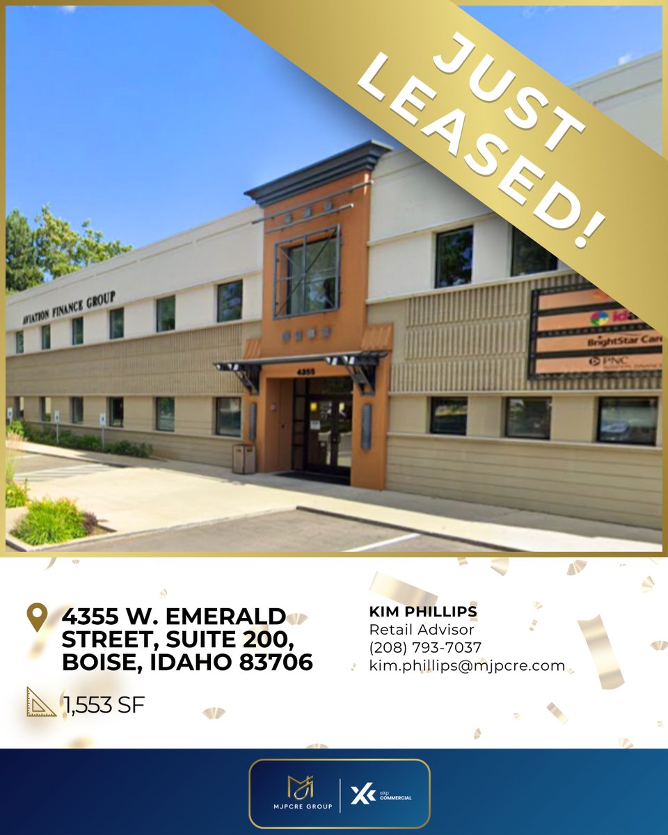 MJPCRE (@mjpcre0000) on Twitter photo JUST LEASED!
Another win for our team at MJPCRE Group!
We're thrilled to announce the successful lease of 1,553 SF at:
4355 W. Emerald Street, Suite 200, Boise, ID 83706
Looking to lease or find your next commercial space?
Contact Kim Phillips at kim.phillips@mjpcre.com JUST LEASED!
Another win for our team at MJPCRE Group!
We're thrilled to announce the successful lease of 1,553 SF at:
4355 W. Emerald Street, Suite 200, Boise, ID 83706
Looking to lease or find your next commercial space?
Contact Kim Phillips at kim.phillips@mjpcre.com