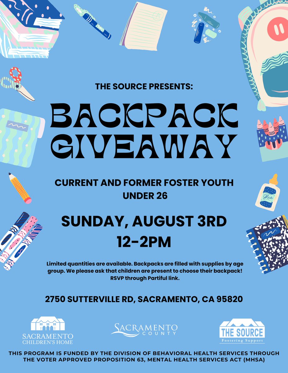 SCH's The Source program, <a href="/TheSourceSac/">The Source Sacramento</a>, is hosting a backpack distribution event here on our main campus this Sunday, August 3rd! ⭐PLEASE NOTE: Backpacks will only be distributed to current and former foster youth under the age of 26. Please RSVP here: partiful.com/e/dDbZJVooyWIt…