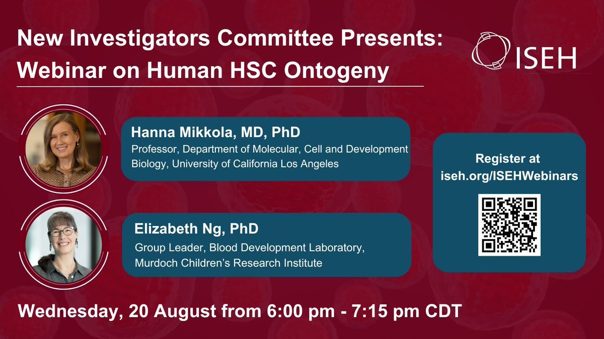 The NIC welcomes speakers Hanna Mikkola and Elizabeth Ng who will present their latest research on stem cell development and regeneration at the 20 August webinar on Human HSC Ontogeny. Register now iseh.org/ISEHWebinars
