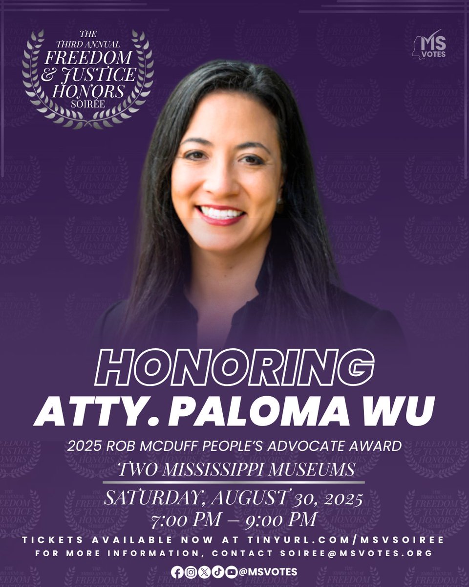 We are proud to present the 2025 Rob McDuff People’s Advocate Award to
Attorney Paloma Wu, Deputy Director of the George Riley Impact Litigation Initiative.
Celebrate her unwavering commitment to justice at the Freedom &amp; Justice Honors Soirée on August 30.

#MSVotes #Up2Us